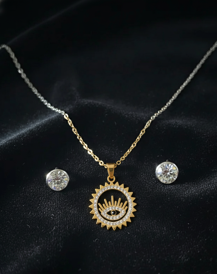 Ensemble Collier Pendentif Œil Porte-Bonheur et Boucles d'Oreilles Cristal - Or