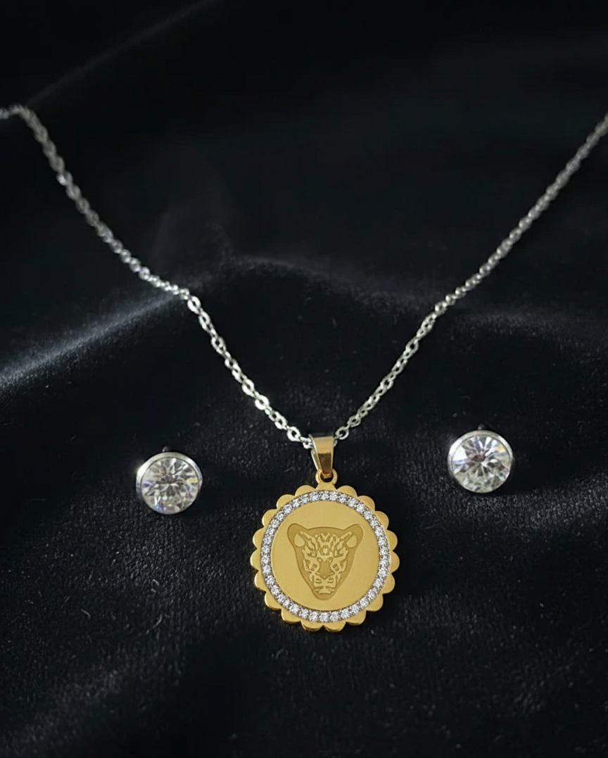 Ensemble Collier Pendentif Léopard et Boucles d'Oreilles Cristal - Or et Strass