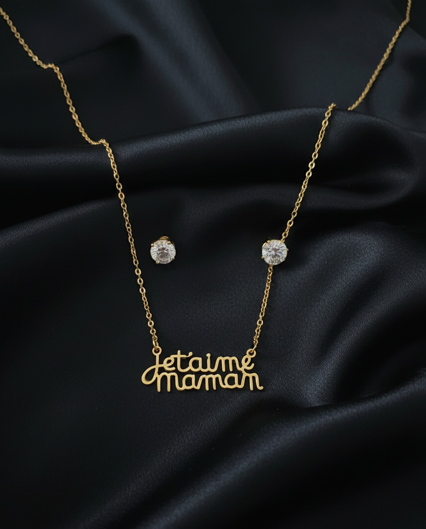 Ensemble Collier et Boucles d'Oreilles "Je t'aime Maman" - Or et Cristal