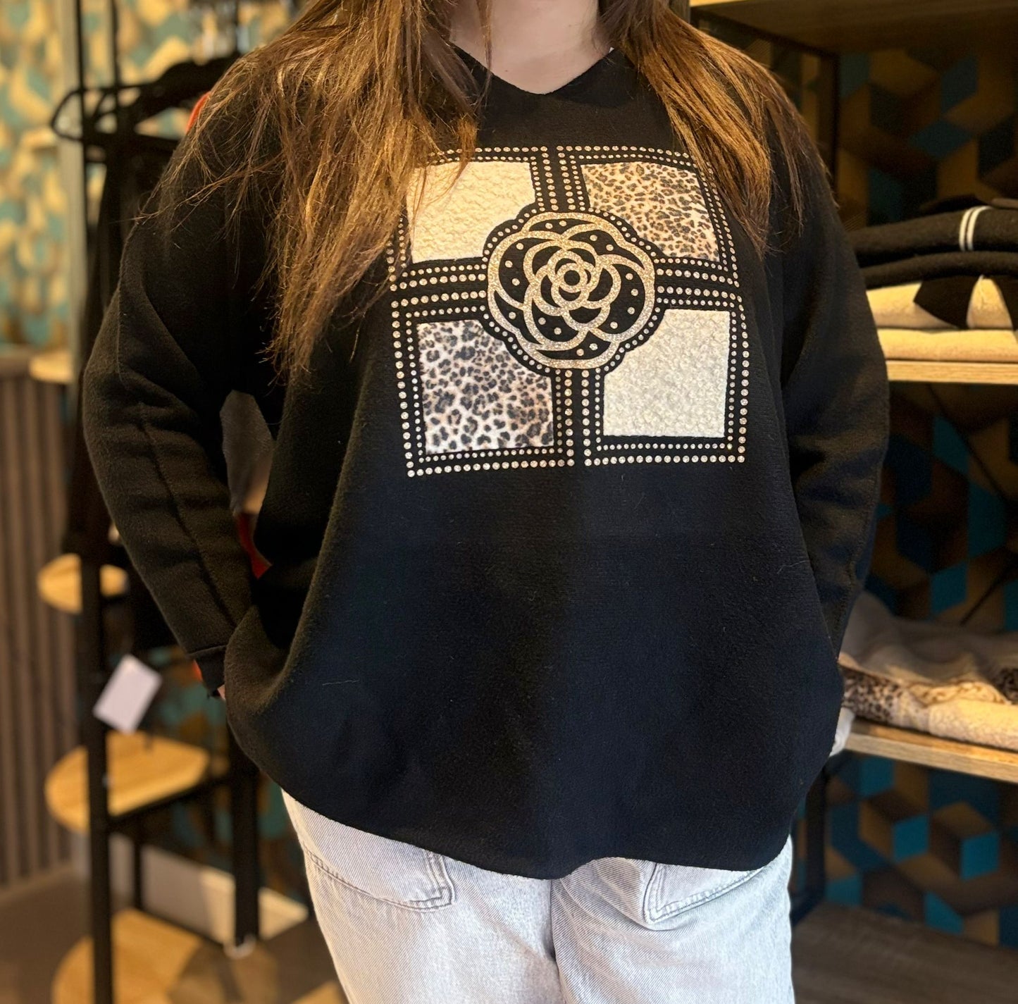 Sweat-Shirt Femme Motif Strass et Léopard