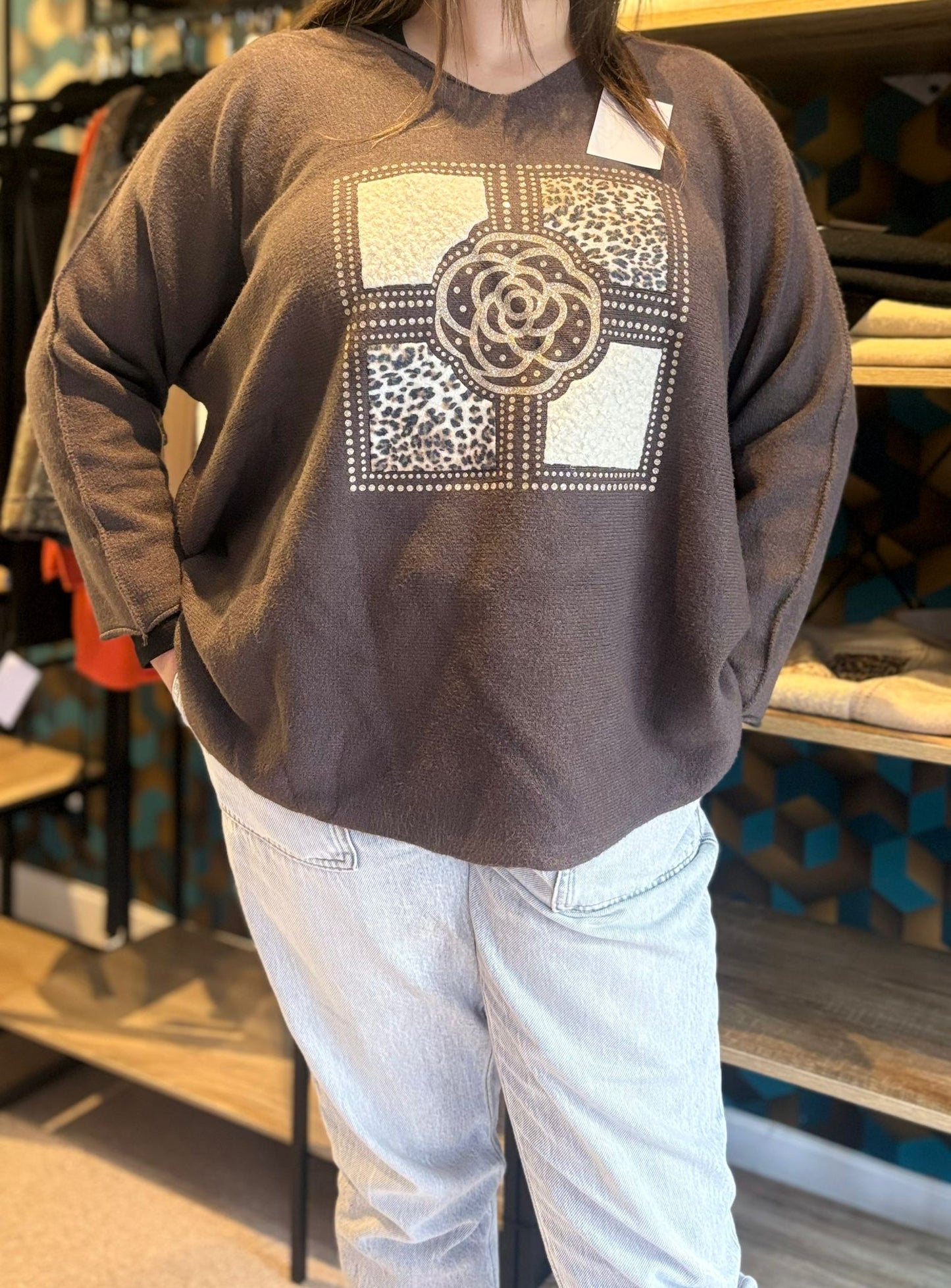 Sweat-Shirt Femme Motif Strass et Léopard