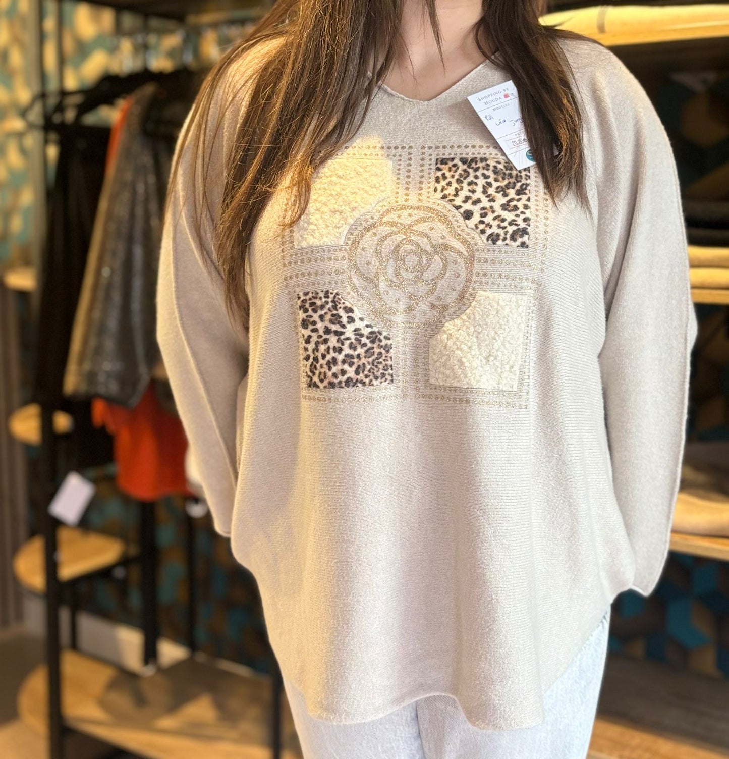 Sweat-Shirt Femme Motif Strass et Léopard